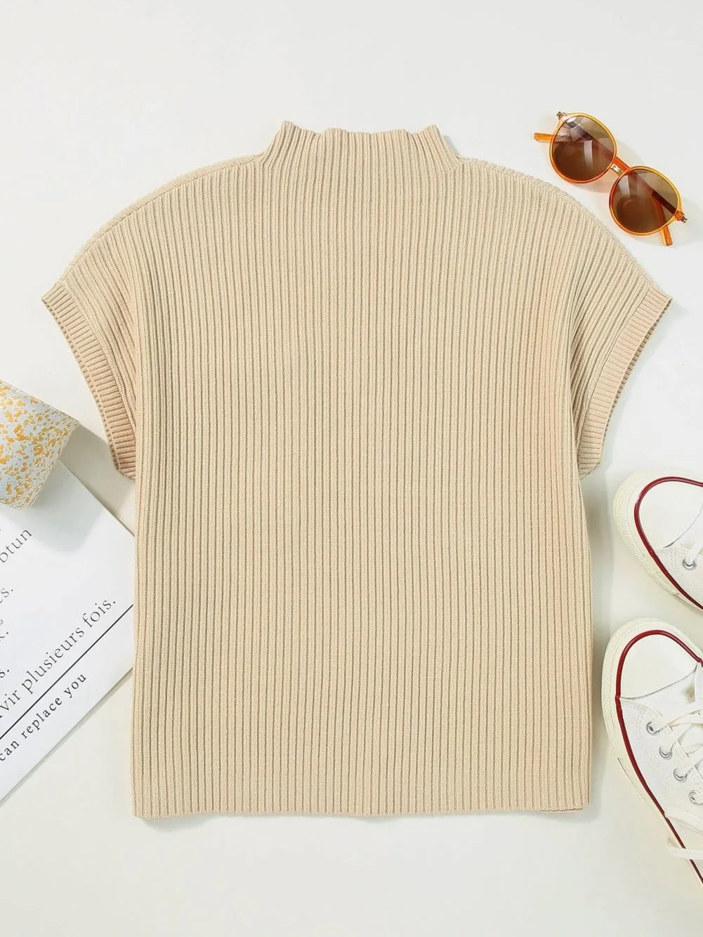 Beige Ribbed Knit Pullover