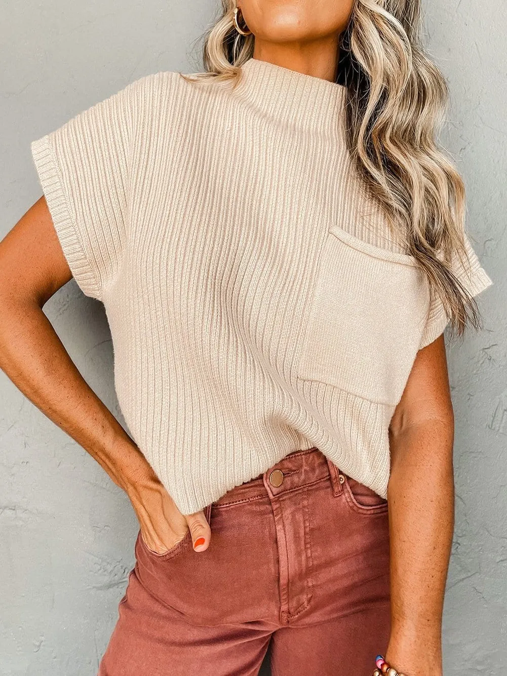 Beige Ribbed Knit Pullover