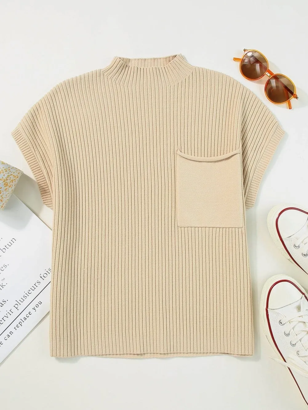 Beige Ribbed Knit Pullover