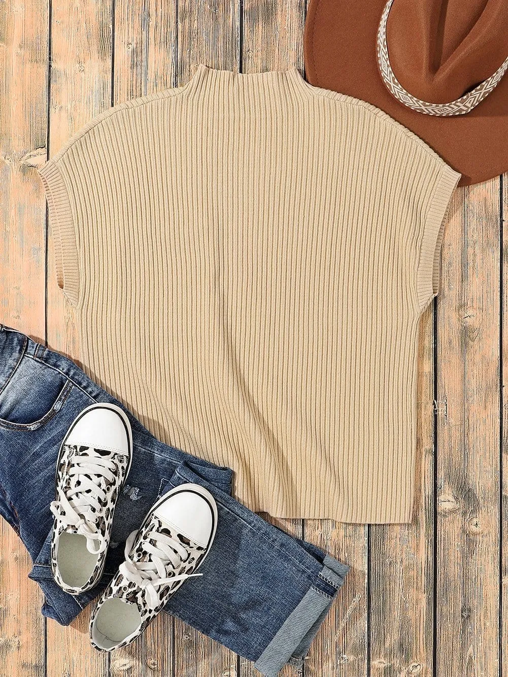 Beige Ribbed Knit Pullover