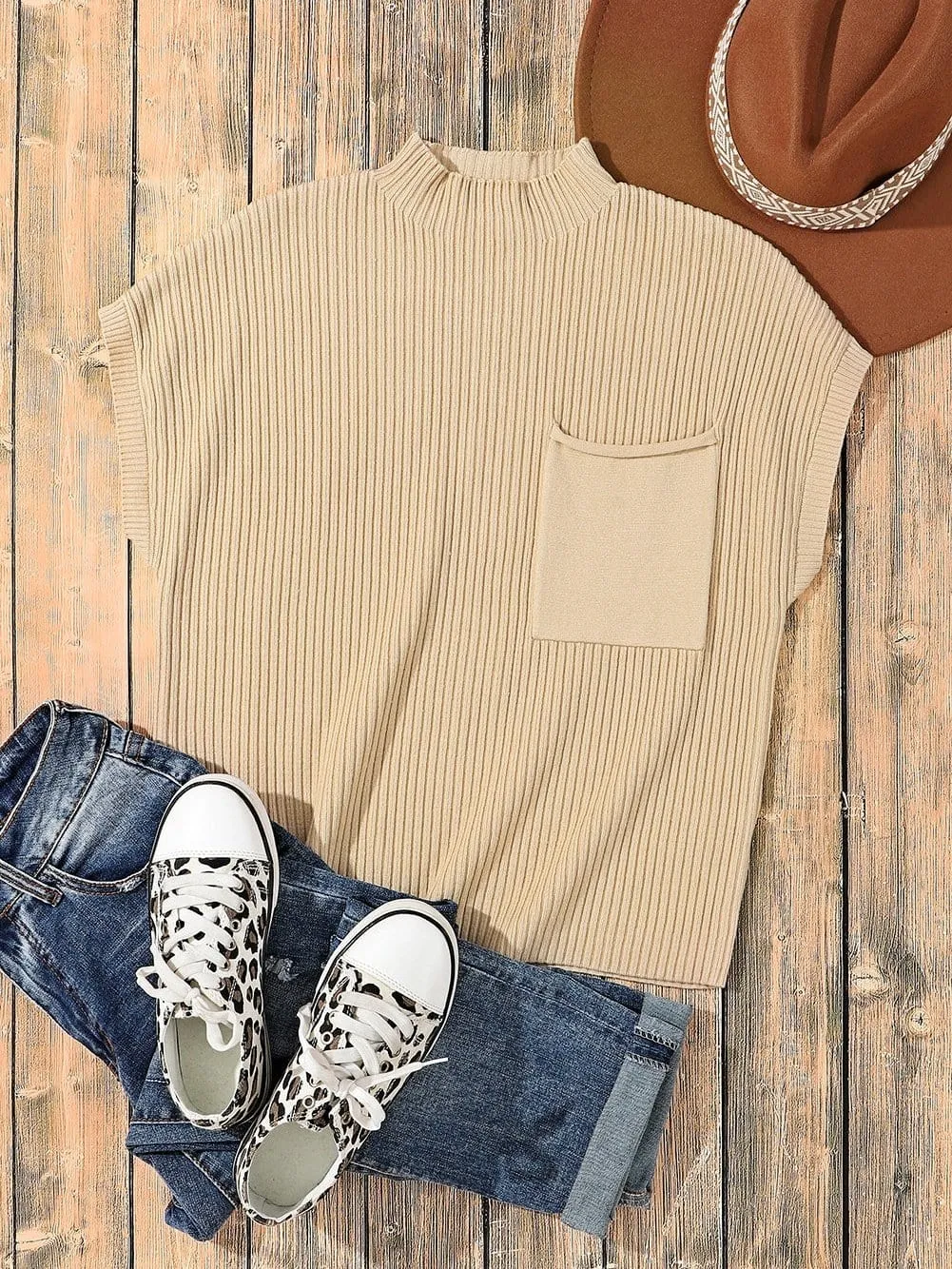 Beige Ribbed Knit Pullover