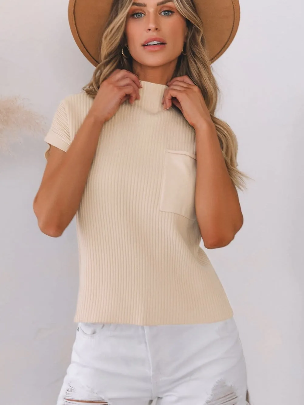 Beige Ribbed Knit Pullover