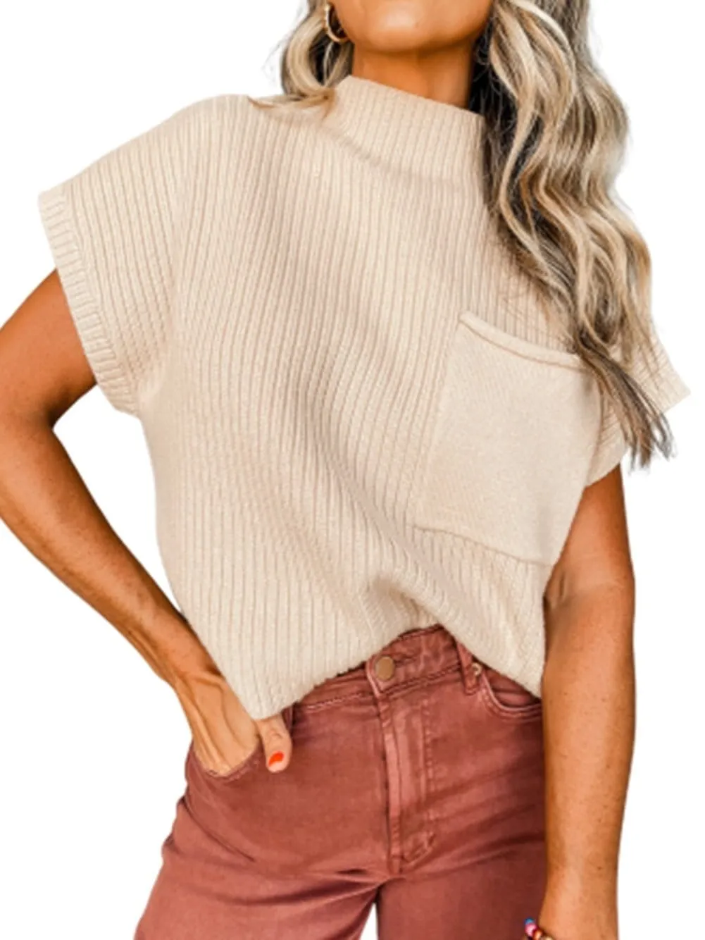 Beige Ribbed Knit Pullover