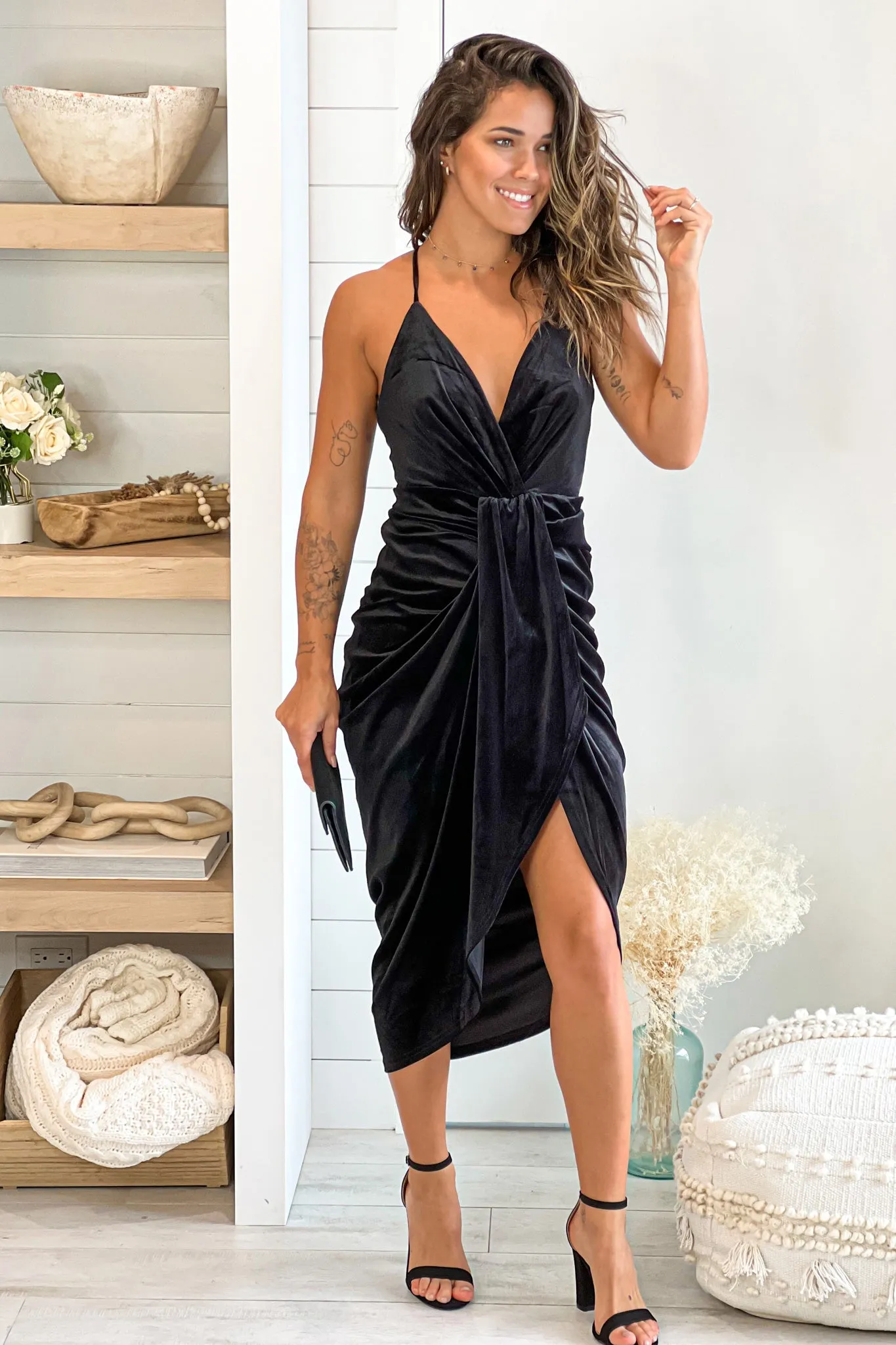 Black Velvet Ruched Midi Dress