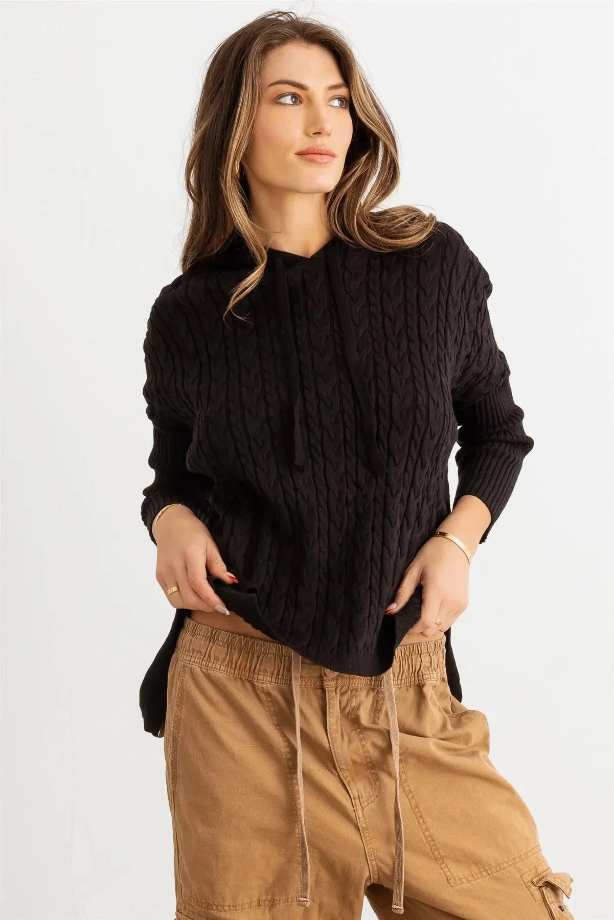 Cable Knit Long Sleeve Hooded Sweater