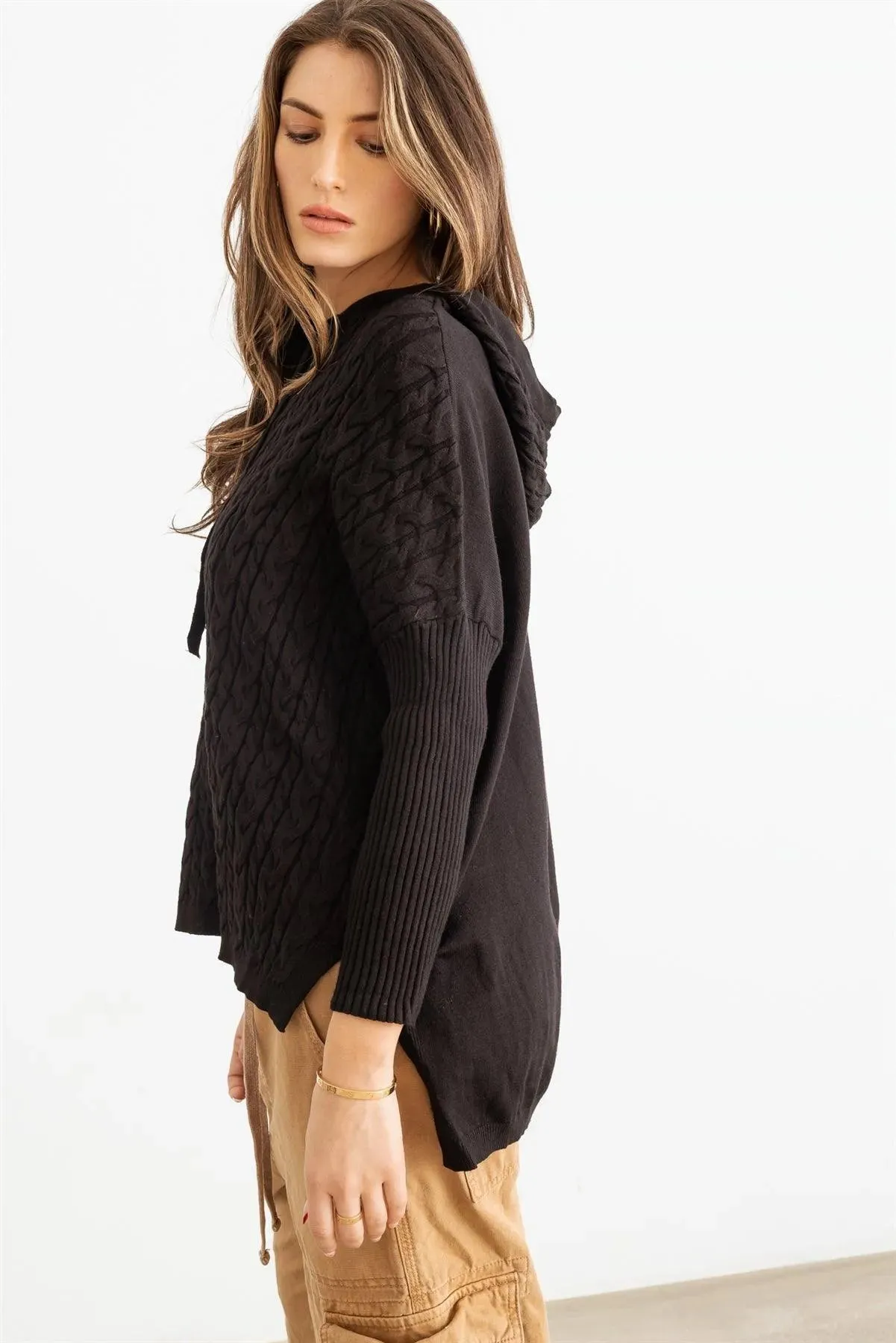 Cable Knit Long Sleeve Hooded Sweater