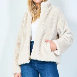 Chevron pattern faux fur jacket wholesale