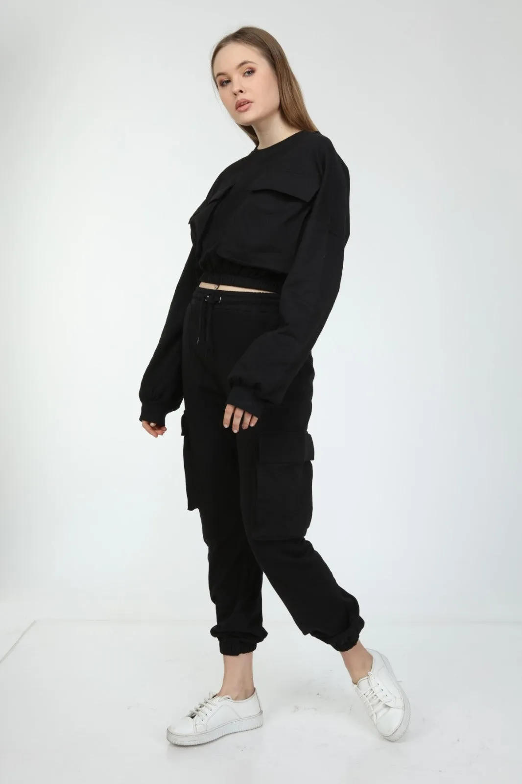 COMMANDO POCKETS SWEATSHIRT&COMBAT JOGGERS BLACK TRACKSUIT SET