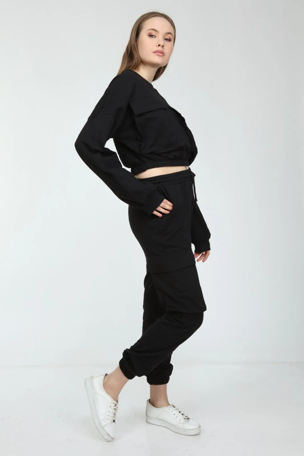 COMMANDO POCKETS SWEATSHIRT&COMBAT JOGGERS BLACK TRACKSUIT SET