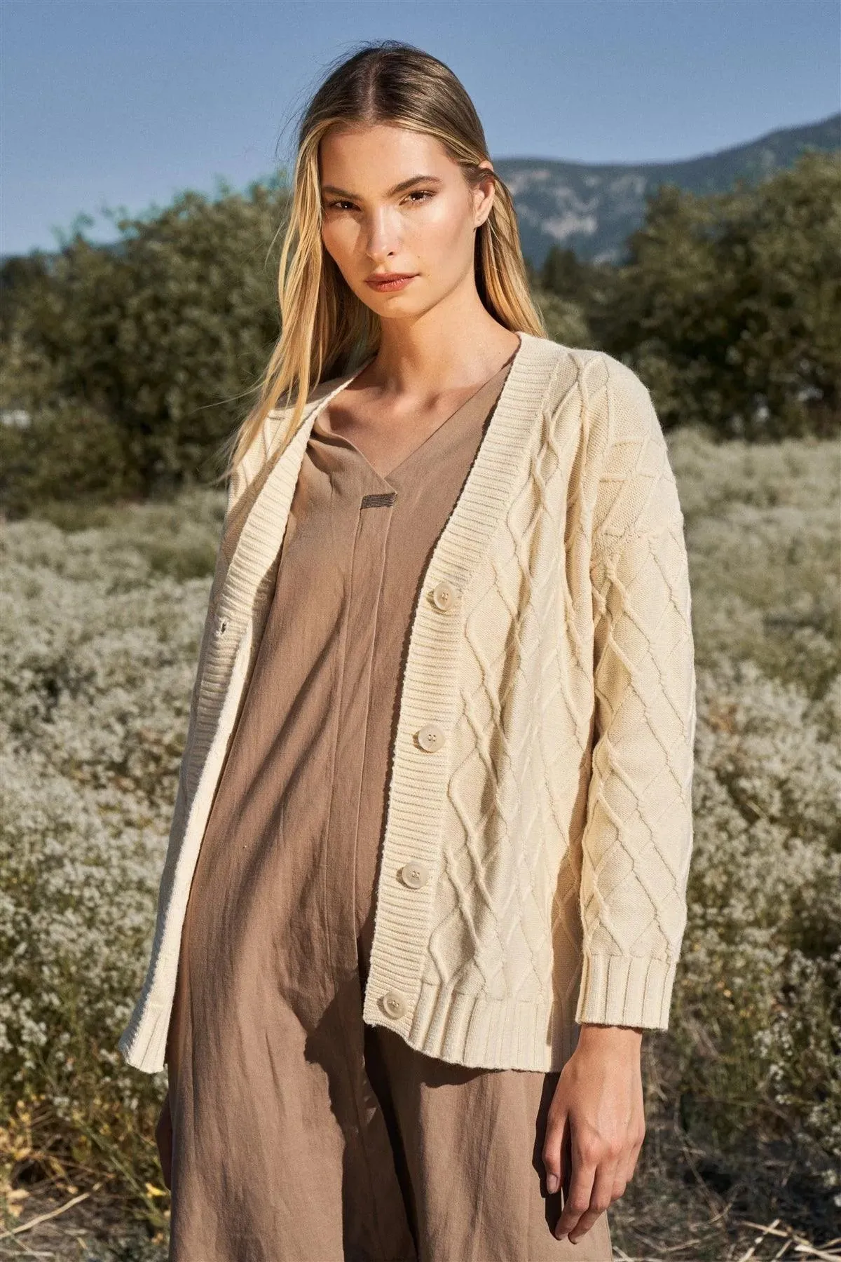 Cream Button-Down Front Edge-To-Edge Cable Knit Sweater Cardigan /ONE SIZE