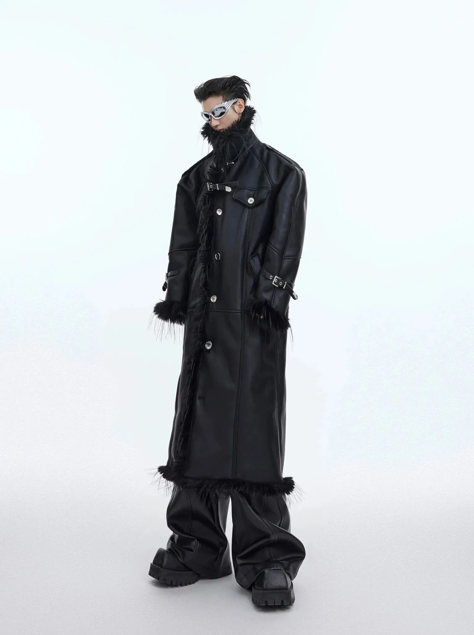 Deconstructed Faux Fur-Lined Long Coat | Belted Over-Knee Leather Jacket