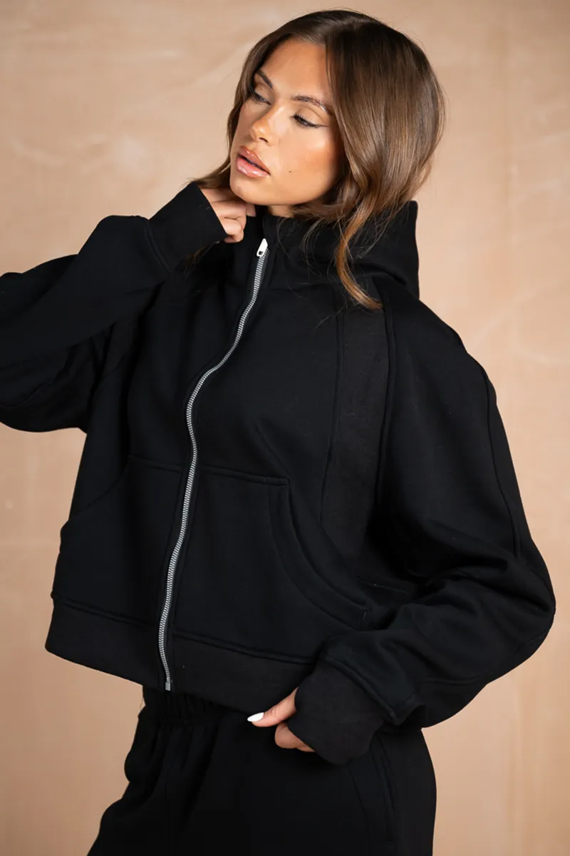 Extended Neck Multi-Panel Hoodie - Black