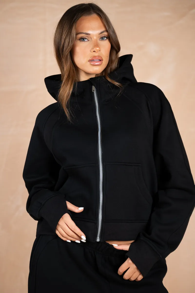 Extended Neck Multi-Panel Hoodie - Black