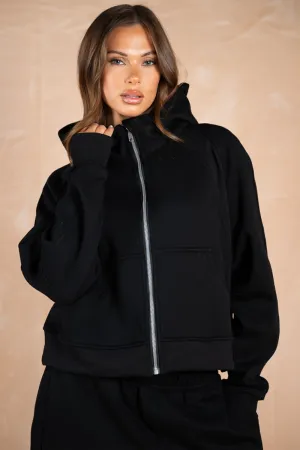 Extended Neck Multi-Panel Hoodie - Black