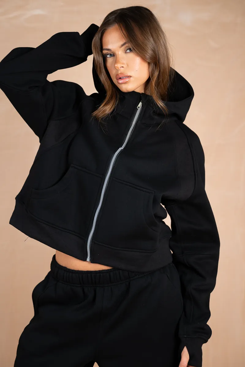 Extended Neck Multi-Panel Hoodie - Black