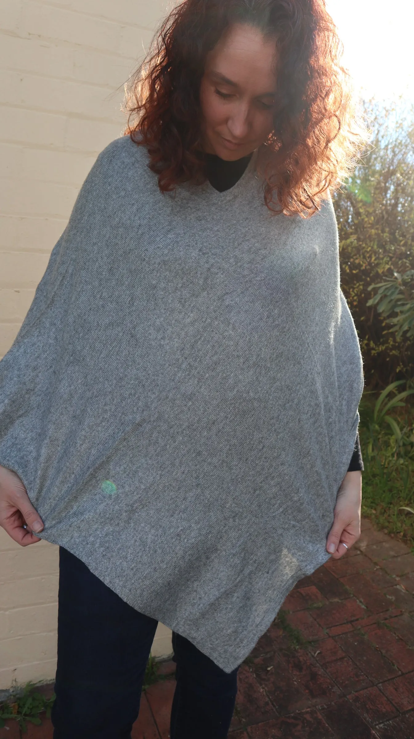 Fair Trade V Neck Cashmere Poncho - Grey