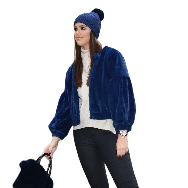 Faux Fur Cropped Jacket Blue