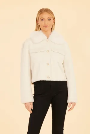 Faux Fur Pearl Button Jacket - Cream