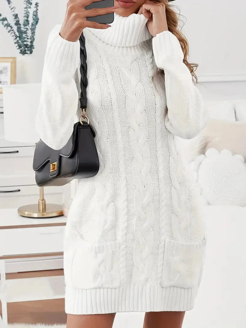 Flytonn- Turtle Neck Dual Pocket Cable Knit Sweater Dress