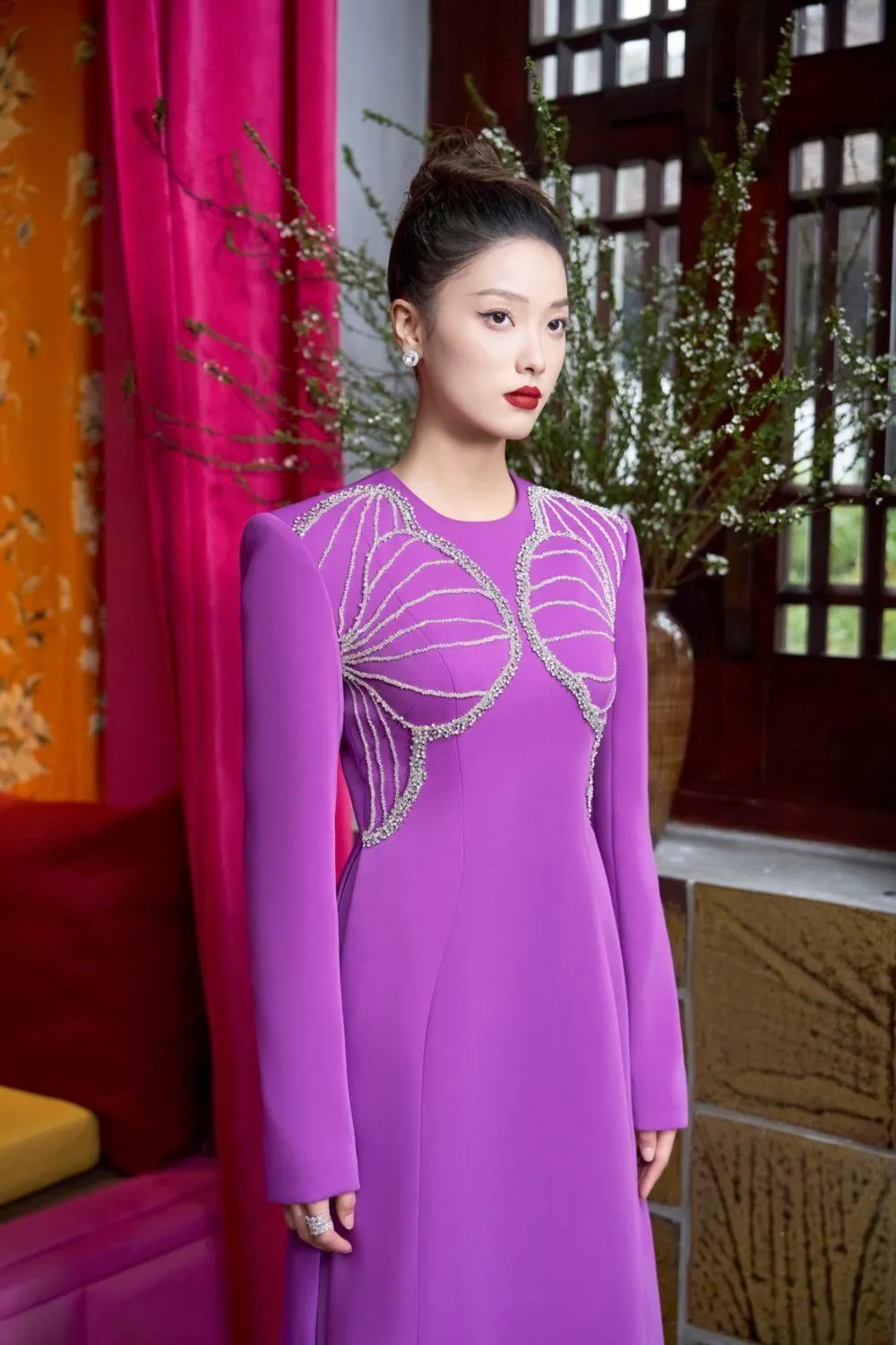 Glowing A-line Stone Velvet Satin Floor Length Ao Dai