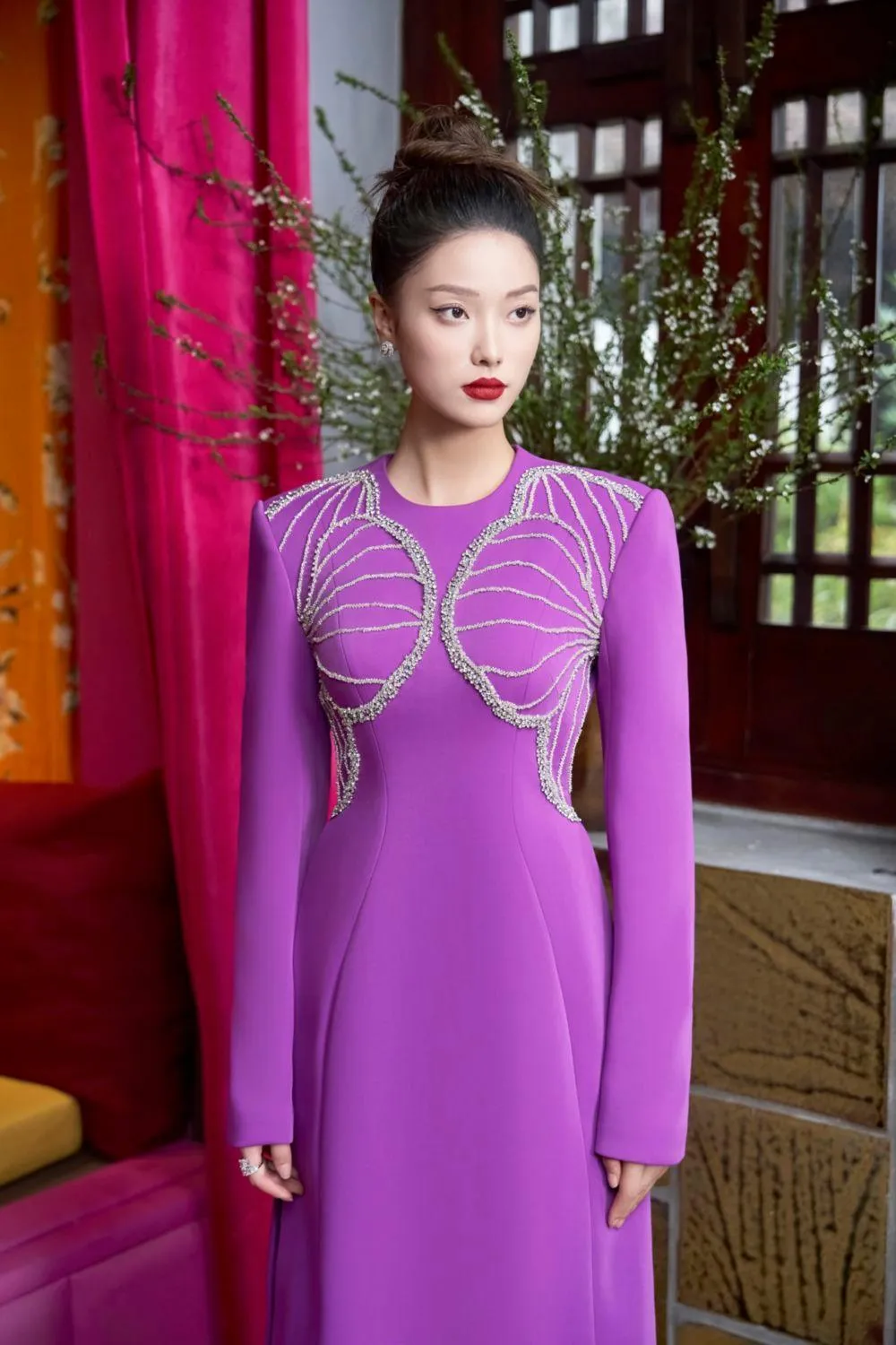 Glowing A-line Stone Velvet Satin Floor Length Ao Dai