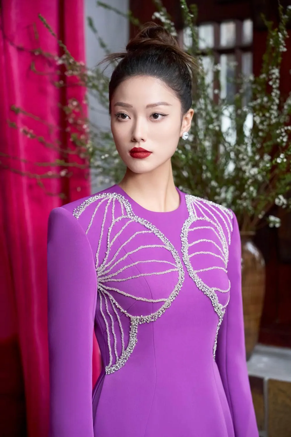 Glowing A-line Stone Velvet Satin Floor Length Ao Dai