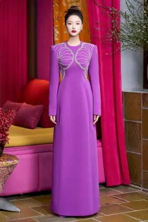 Glowing A-line Stone Velvet Satin Floor Length Ao Dai