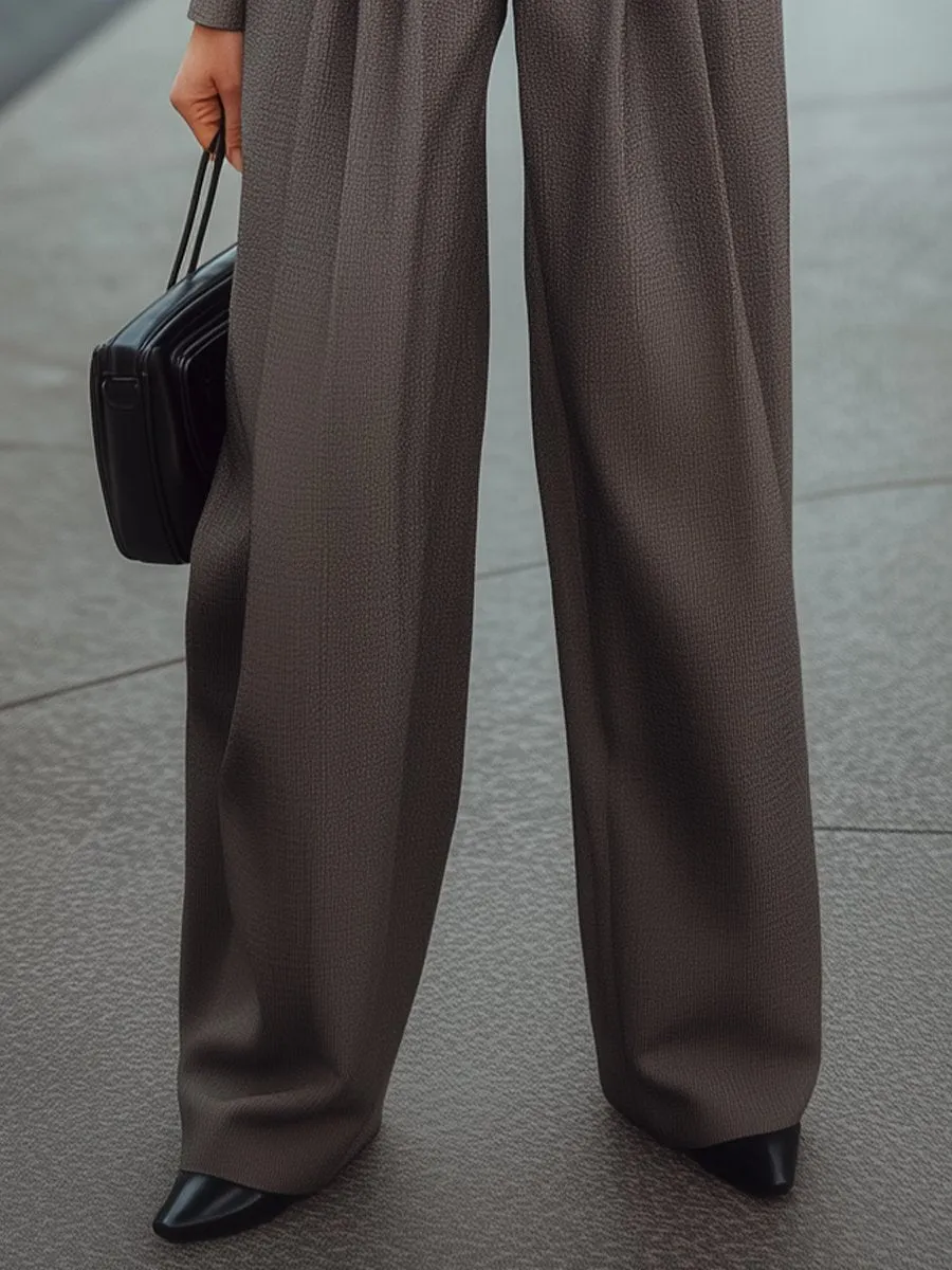 Gray High-Waisted Pleated Wide-Leg Trousers