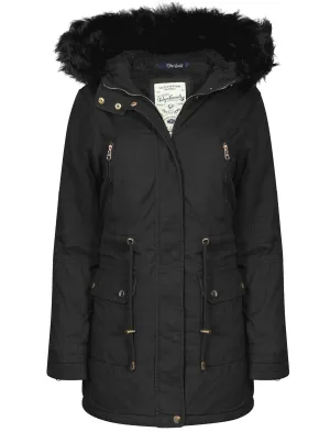 Heidi Detachable Fur Trim Parka Jacket in Black - Tokyo Laundry