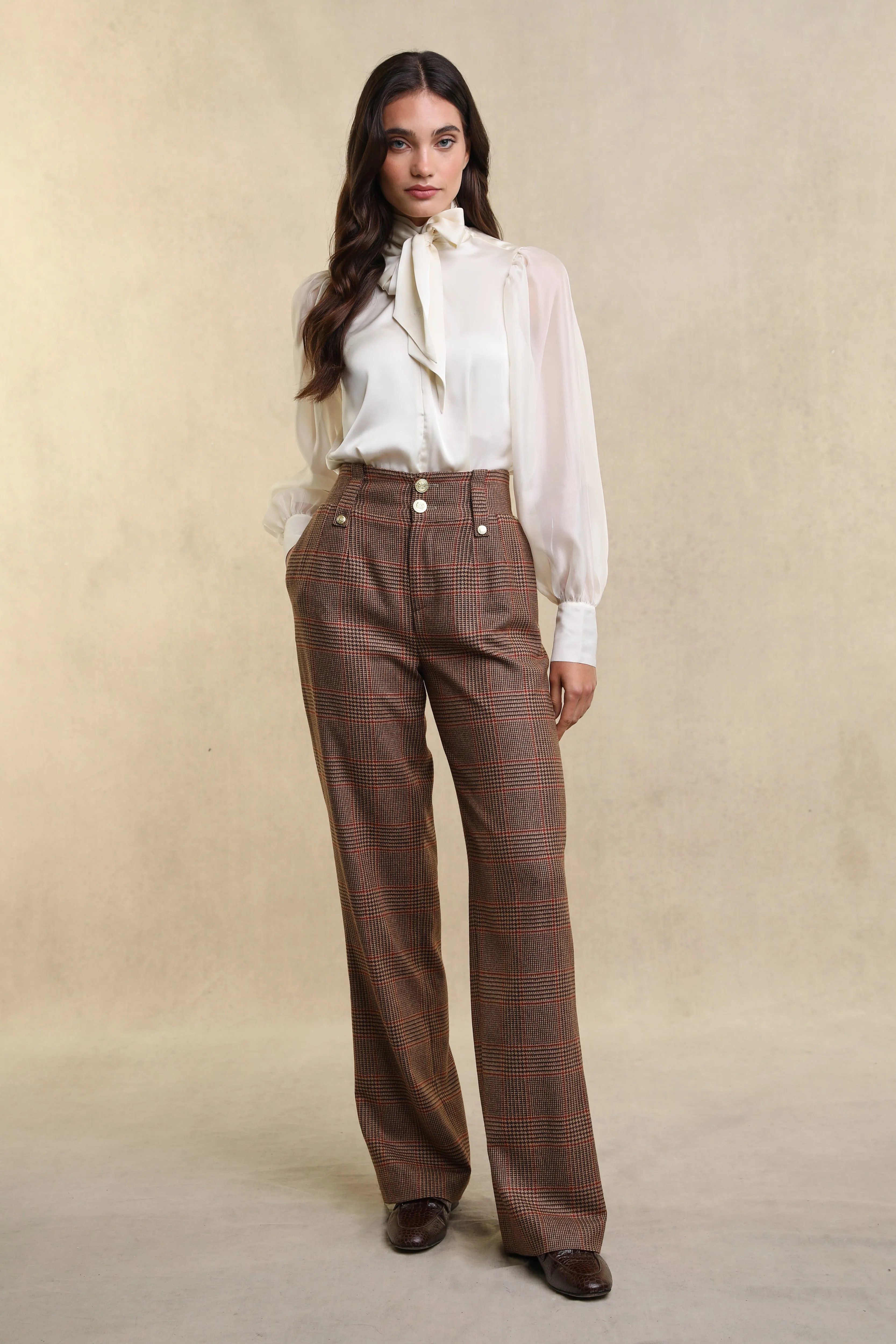 High Waisted Straight Trouser (Clarence Check Merlot)