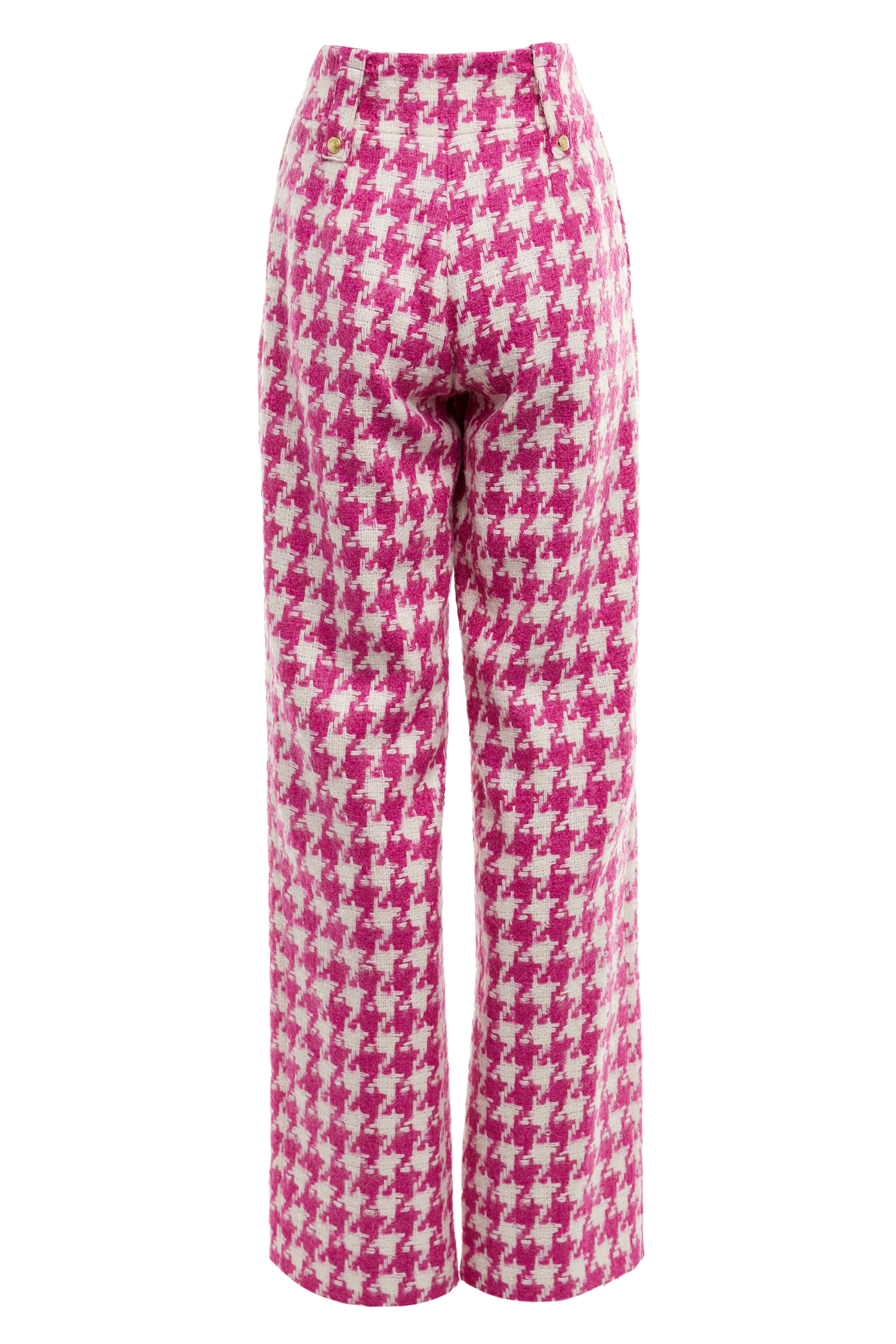 High Waisted Straight Trouser (Hot Pink Large Scale Houndstooth)