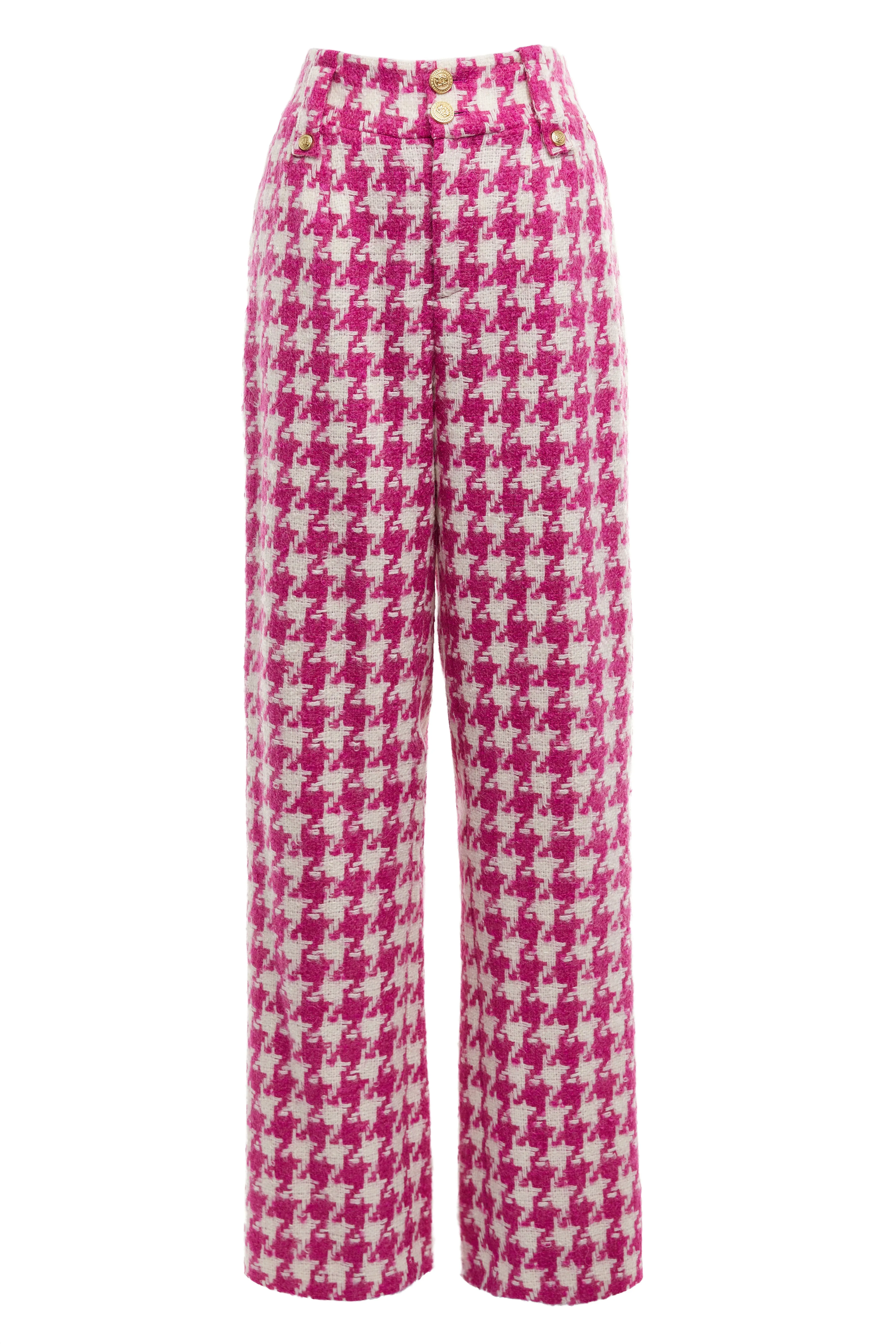 High Waisted Straight Trouser (Hot Pink Large Scale Houndstooth)