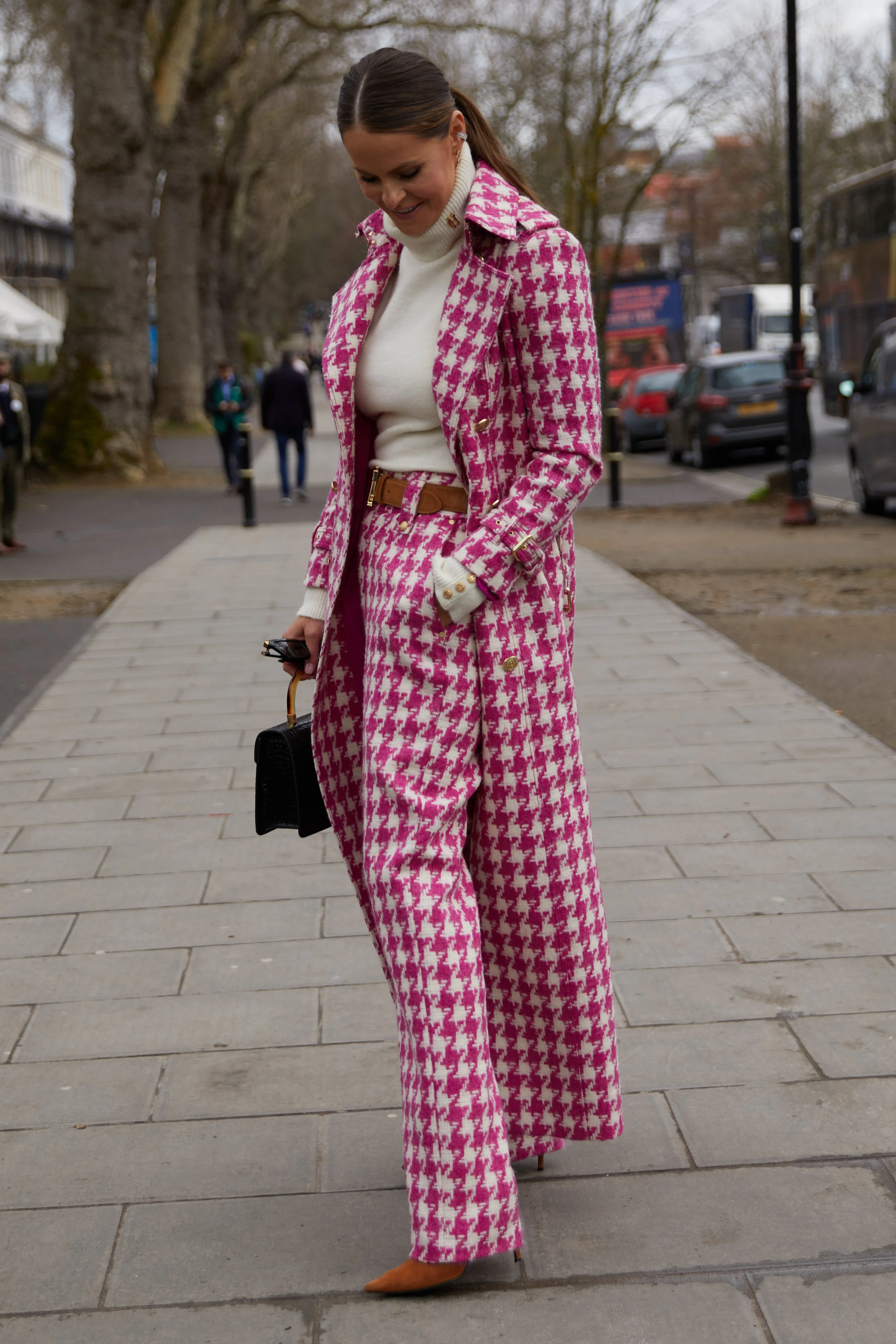 High Waisted Straight Trouser (Hot Pink Large Scale Houndstooth)