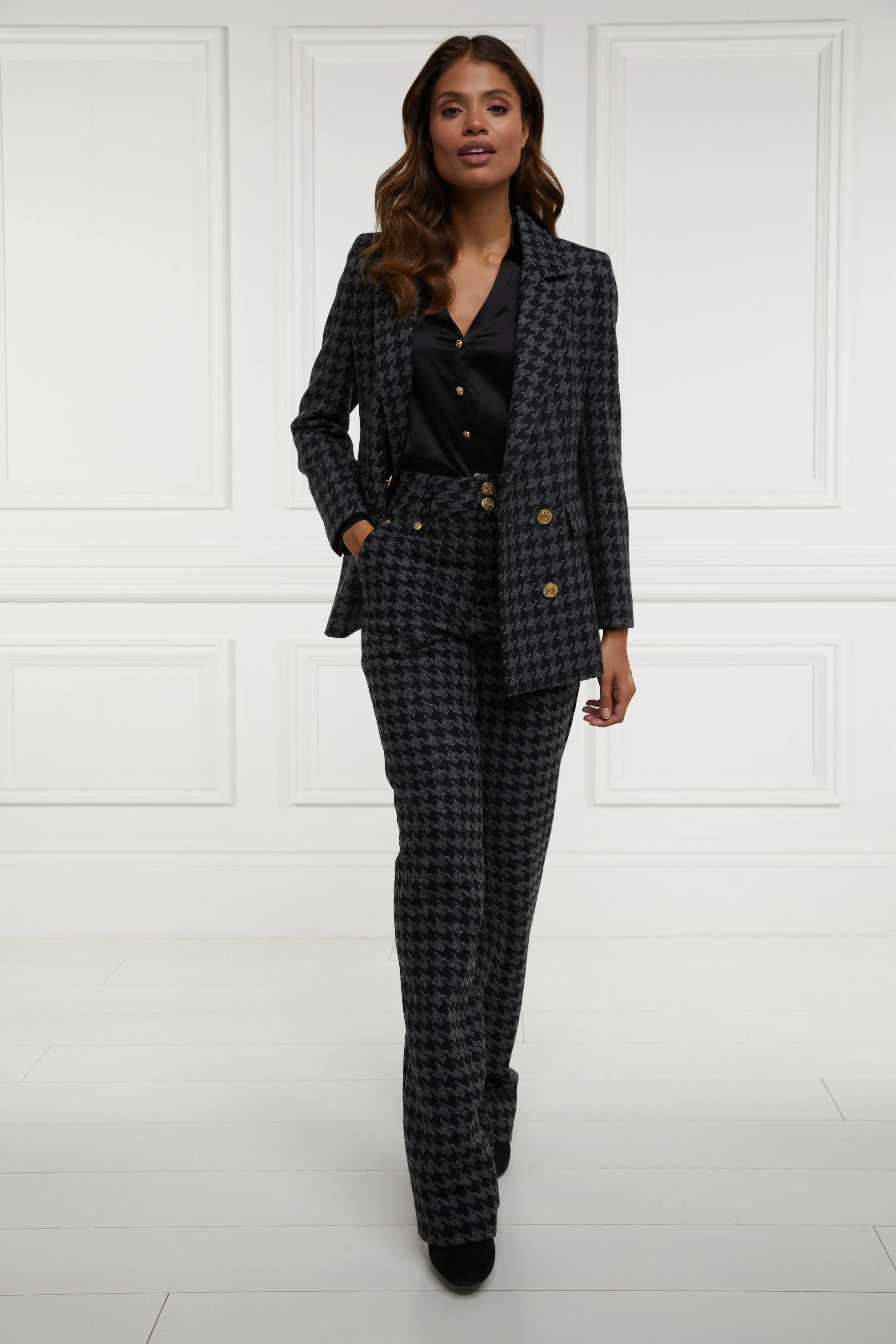 High Waisted Straight Trouser (Large Scale Charcoal Houndstooth)