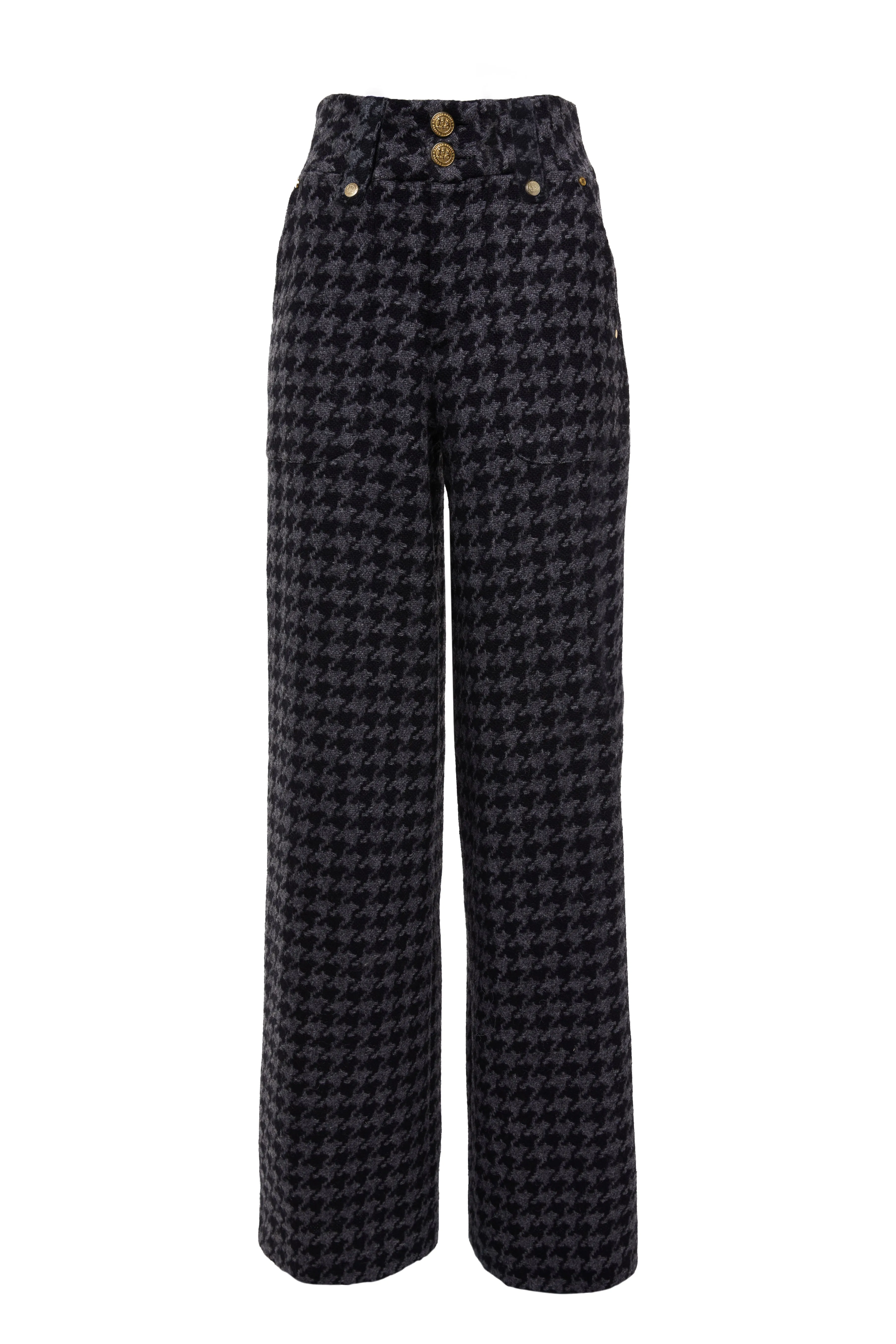 High Waisted Straight Trouser (Large Scale Charcoal Houndstooth)