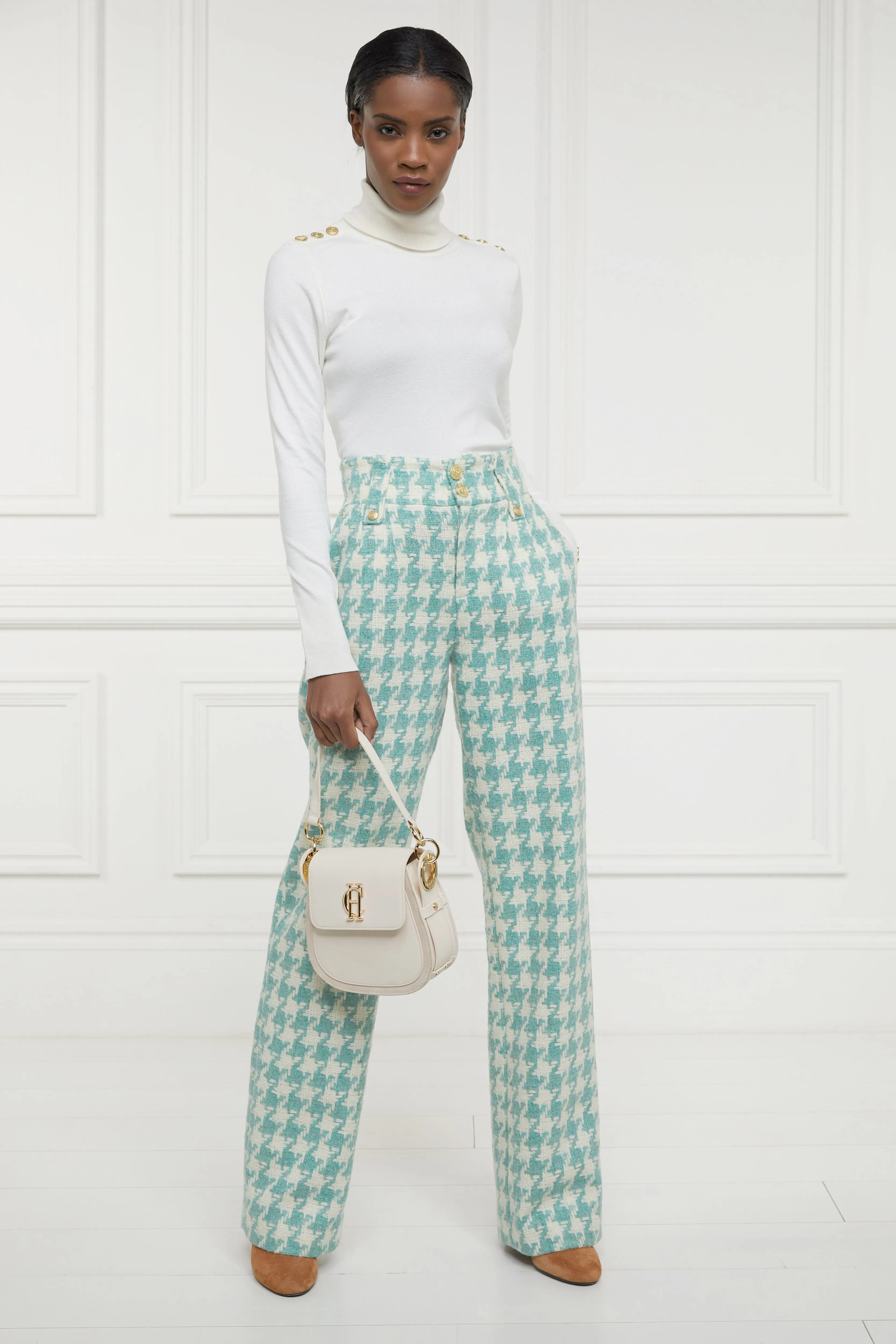 High Waisted Straight Trouser (Large Scale Teal Houndstooth)