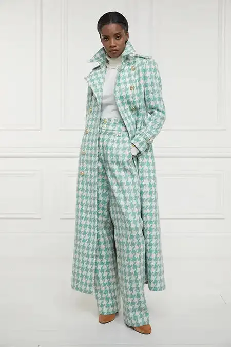 High Waisted Straight Trouser (Large Scale Teal Houndstooth)