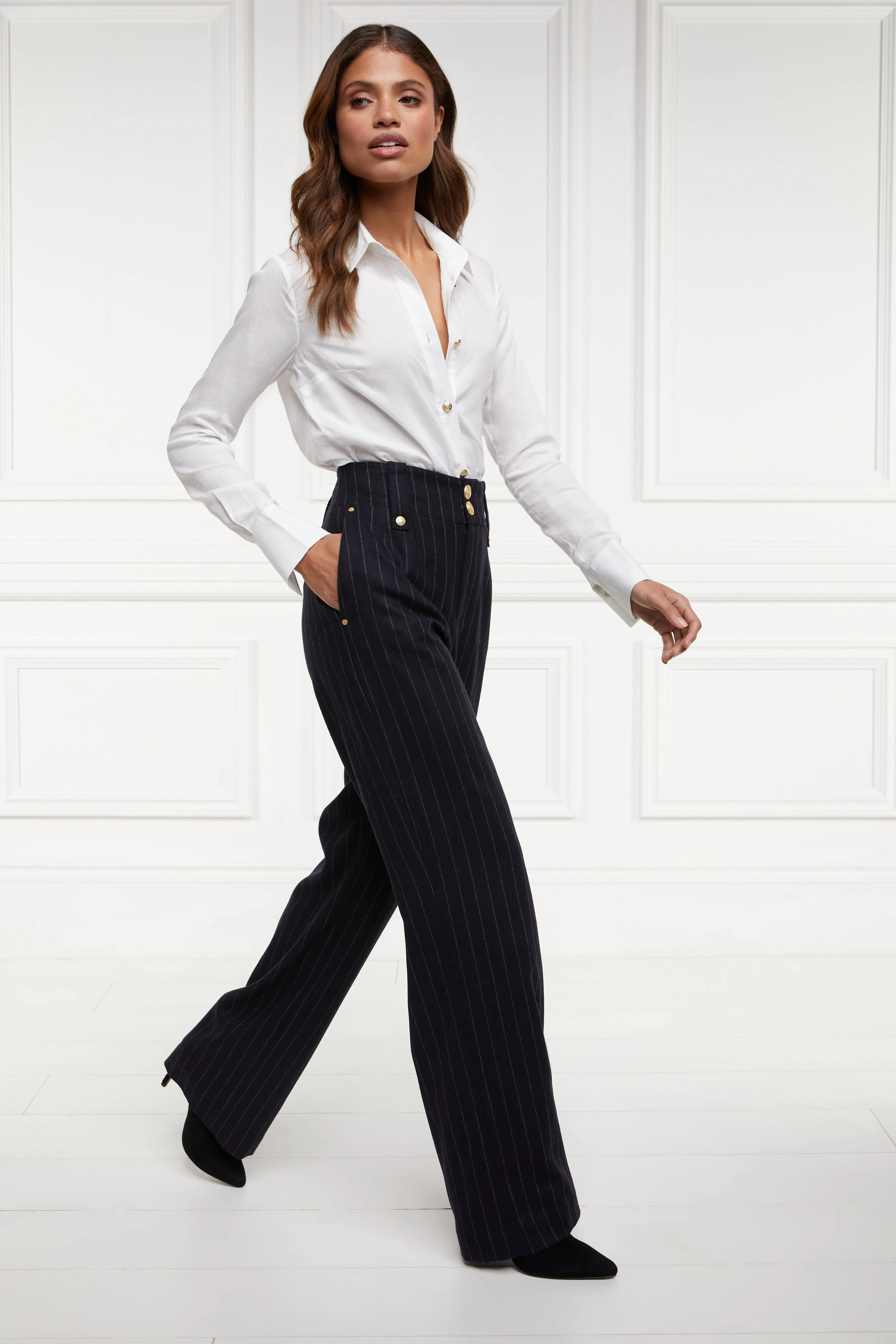 High Waisted Straight Trouser (Navy Chalk Pinstripe)