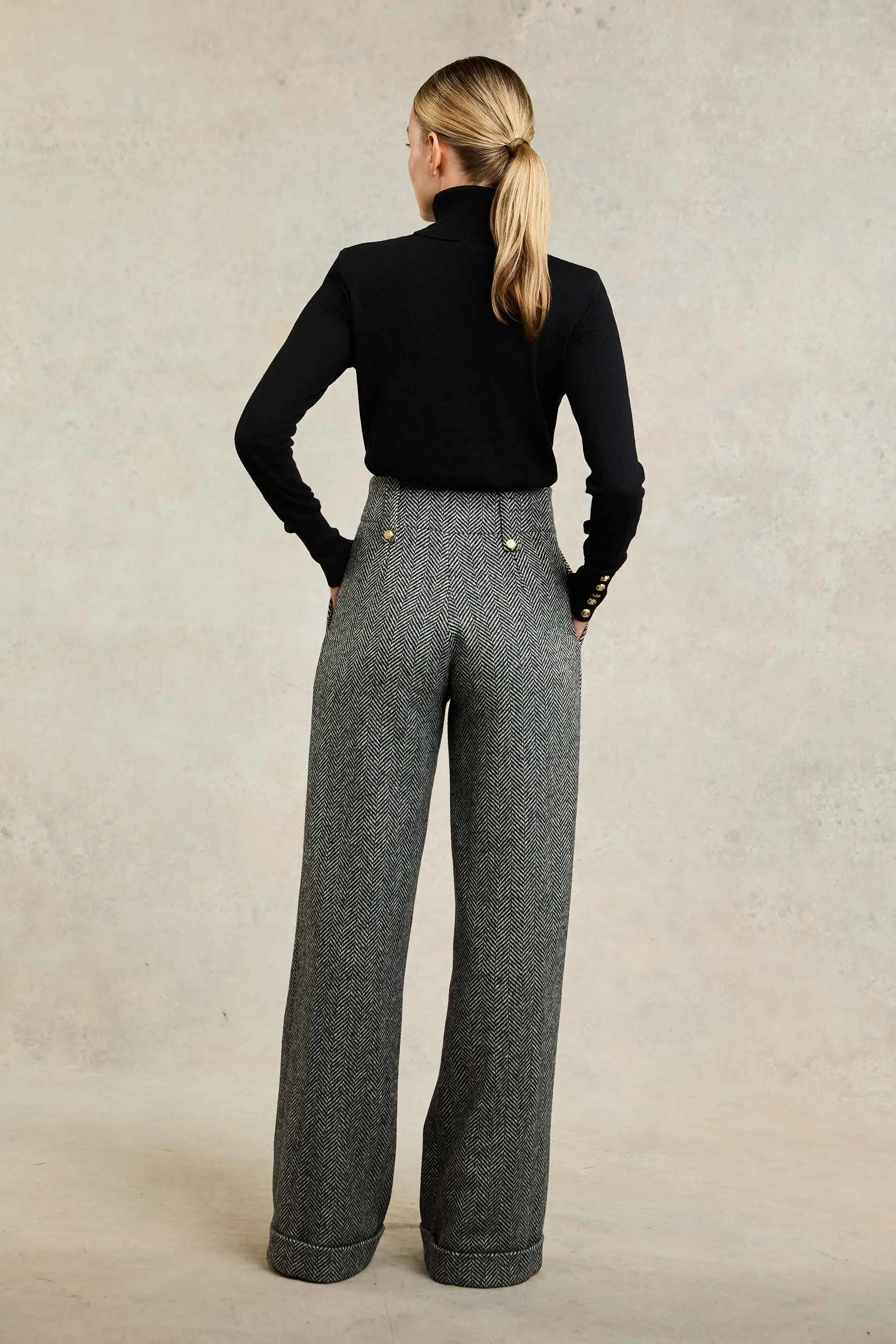 High Waisted Wide Leg Trouser (Wide Tooth Black Herringbone)