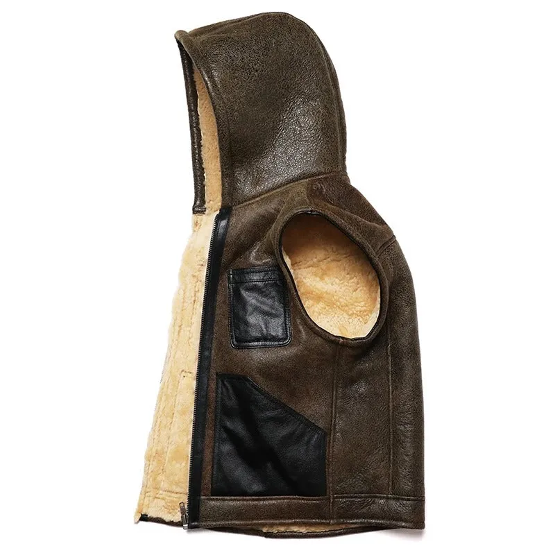 Hooded Shearling Leather Vest for Men