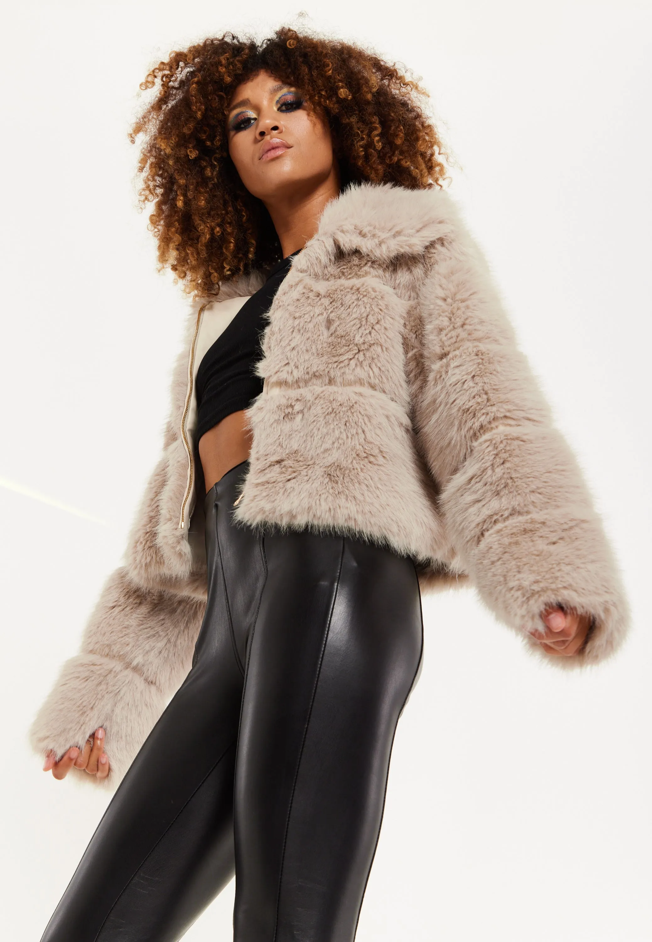 House of Holland Mocha Faux Fur Cropped Jacket