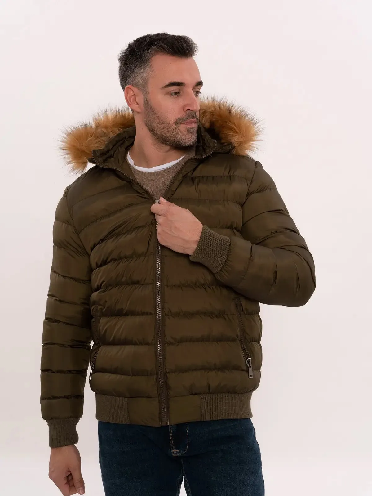 Khaki Fur Hooded Men'S Puffer Coat