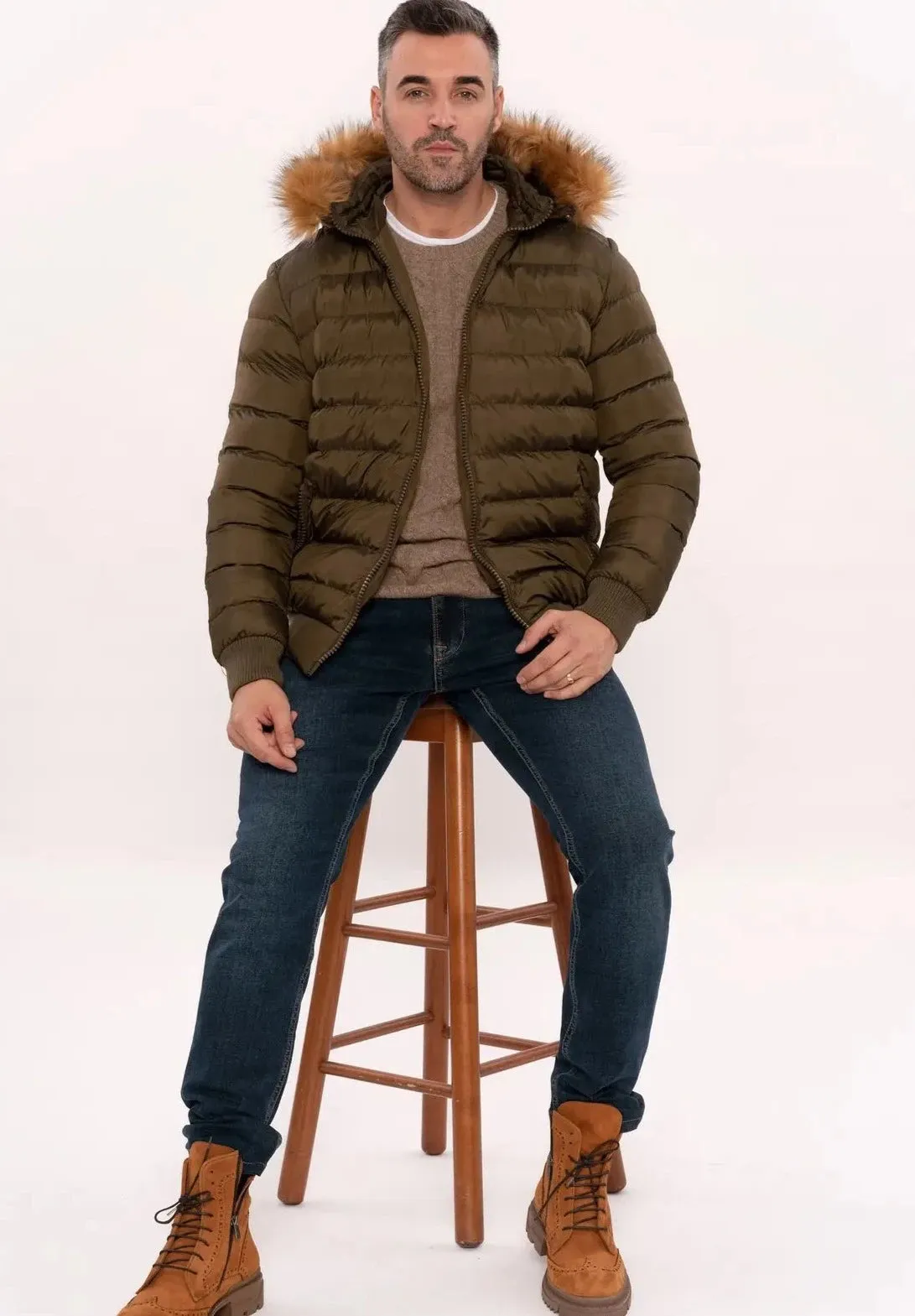 Khaki Fur Hooded Men'S Puffer Coat