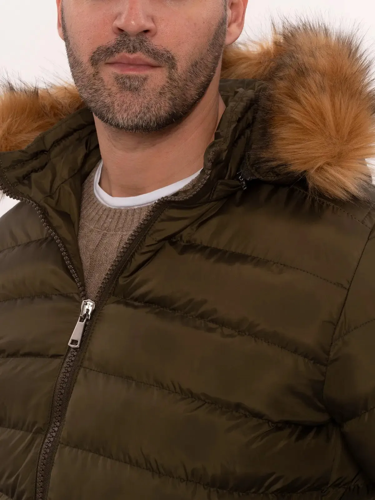 Khaki Fur Hooded Men'S Puffer Coat