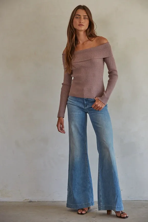 Knit Sweater Ribbed Off Shoulder Pullover  Dusty Mauve