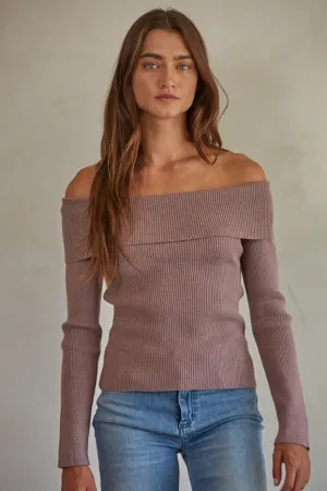 Knit Sweater Ribbed Off Shoulder Pullover  Dusty Mauve