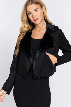 Lapel Collar with Fur Detailed Faux Suede Biker Jacket  Blk-Black