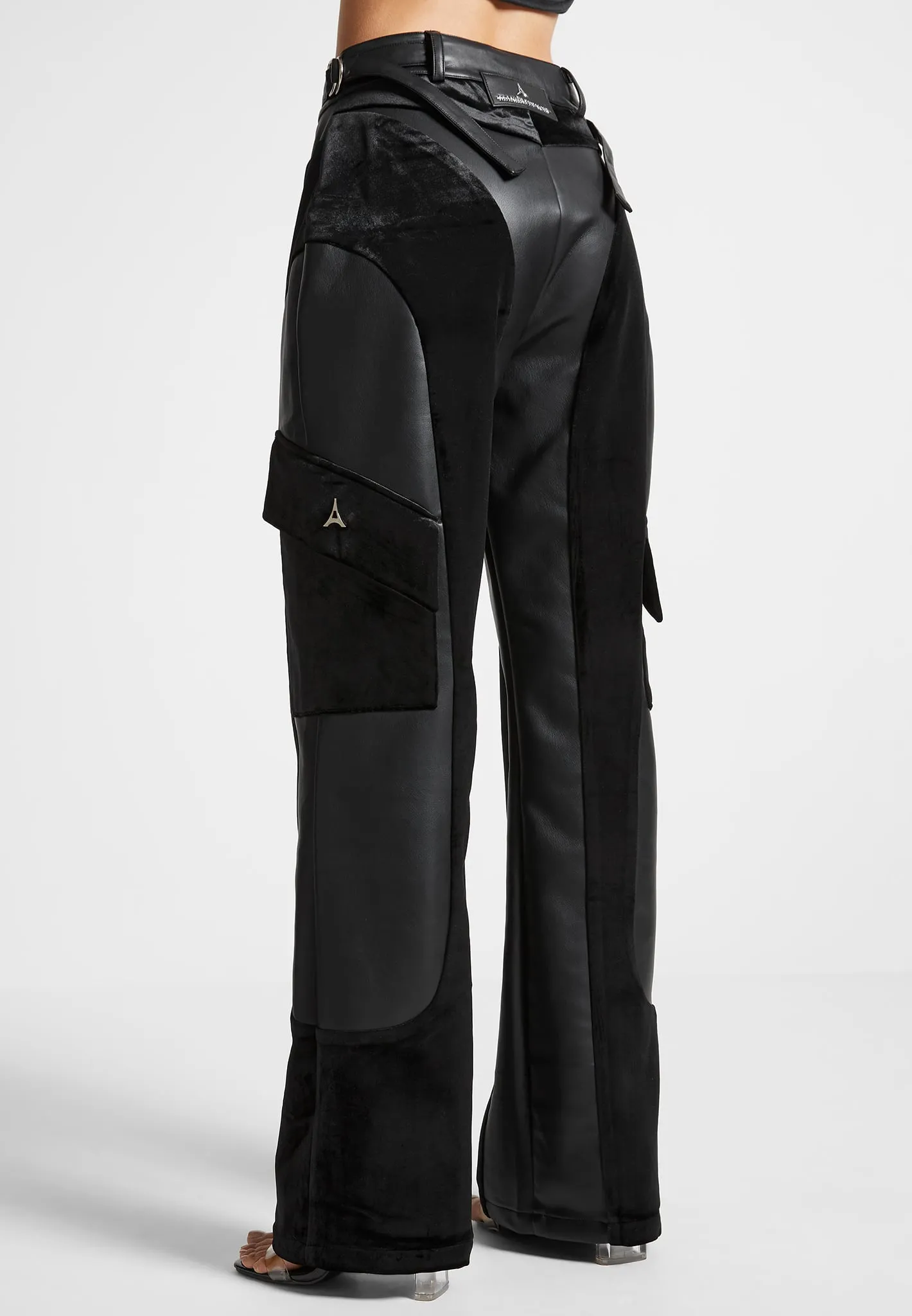 Leather and Velvet Cargo Pants - Black