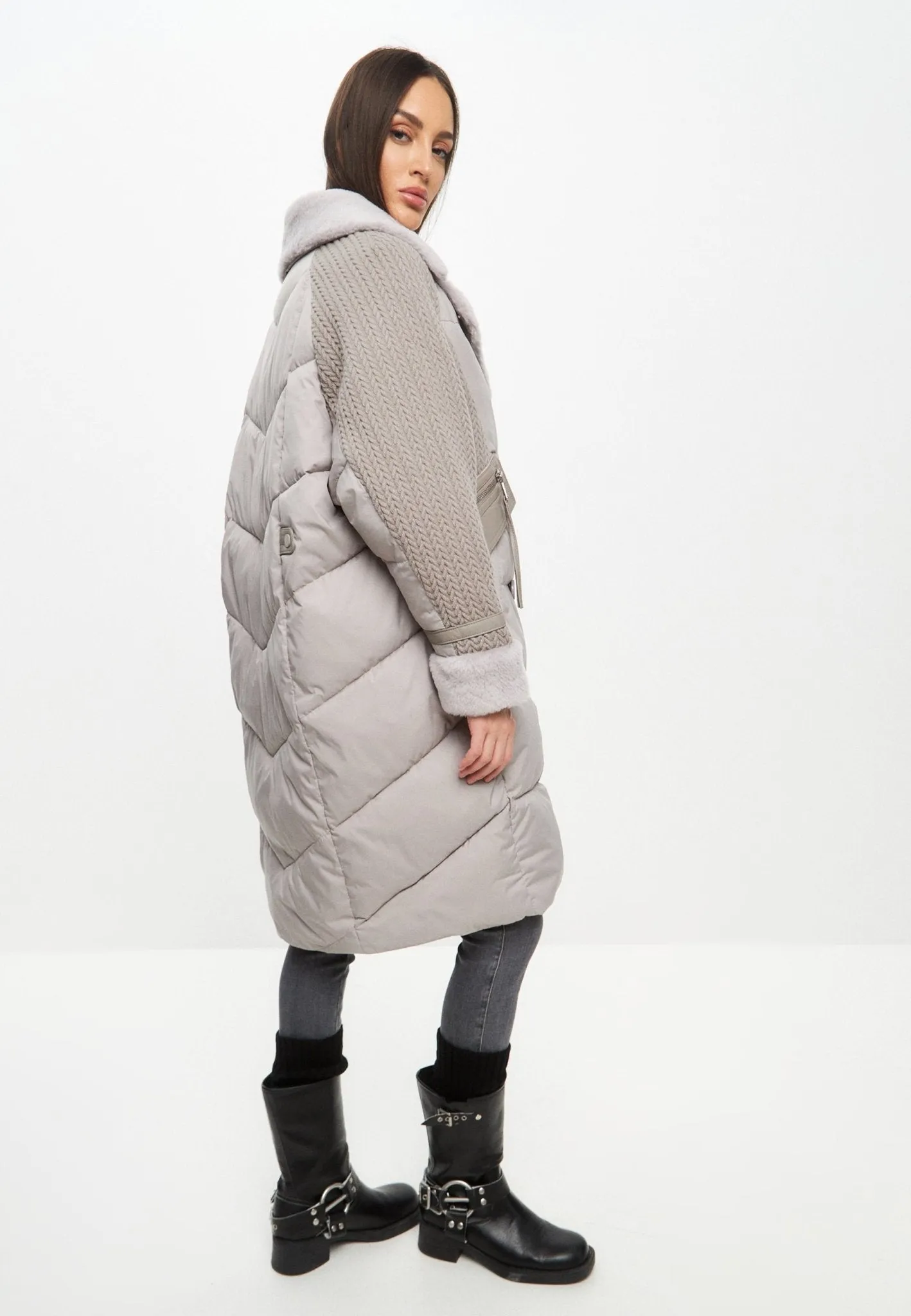 Long Quilted Coat Oversize Style - Grey