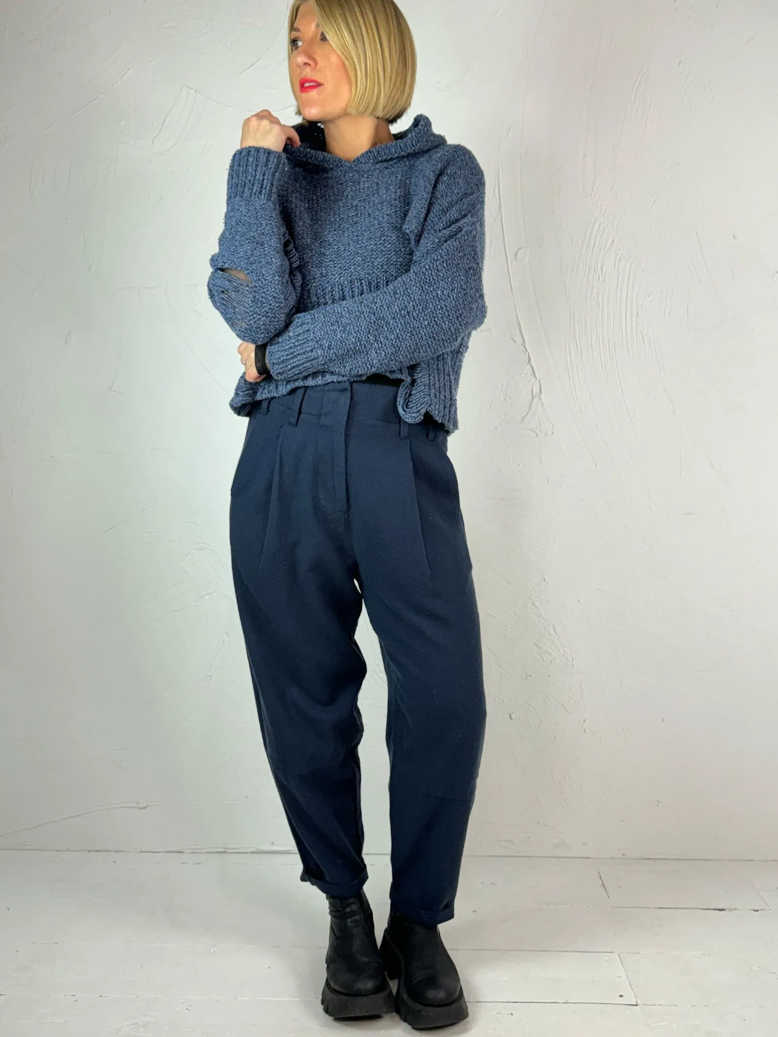 Lurdes Bergada Blue Cotton Twill Darted Trousers 190